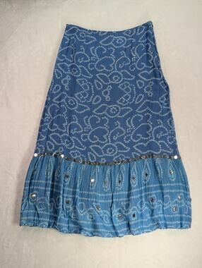 VTG 90s Bill Blass Womens Sz 6 Blue Tiered Boho Maxi Skirt Batik Sequined